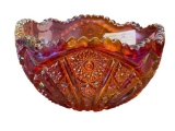 VINTAGE INDIANA GLASS CO AMBERINA CARNIVAL GLASS HOBSTAR BOWL WITH SCALLOPED RIM