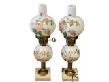PAIR OF VINTAGE MILK GLASS HAND PAINTED ELECTRIC TABLE LAMPS WITH SQUARE STONE BASE