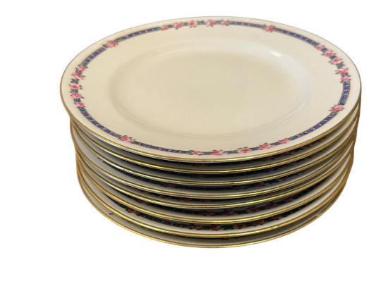 C. AHRENFELDT LIMOGES DEPOSE DESERT PLATES FLORAL PINK AND COBALT DESIGN MADE IN FRANCE SET OF EI...