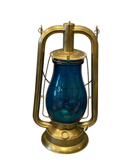 STEAM GAUGE AND LANTERN CO. BRASS TUBULAR LANTERN WITH BLUE GLASS GLOBE PAT DATE OCT 26 86