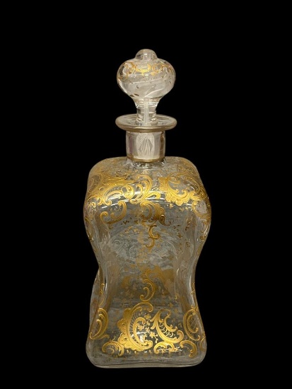 LATE 1800'S EUROPEAN HAND BLOWN PINCHED GLASS DECANTER WITH GILT ENCRUSTED LEAF DESIGN, WITH STOP...