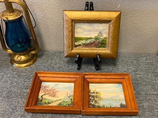 THREE ORIGINAL MINIATURE OIL PAINTINGS ON CANVAS BOARD LANDSCAPE SCENES, ONE IS SIGNED