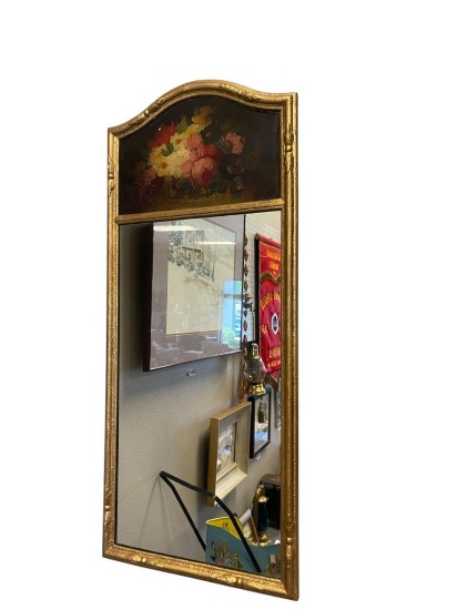 20TH CENTURY GILT WOOD FRAMED MIRROR WITH FLORAL TOLL PAINTING ON TOP PANEL