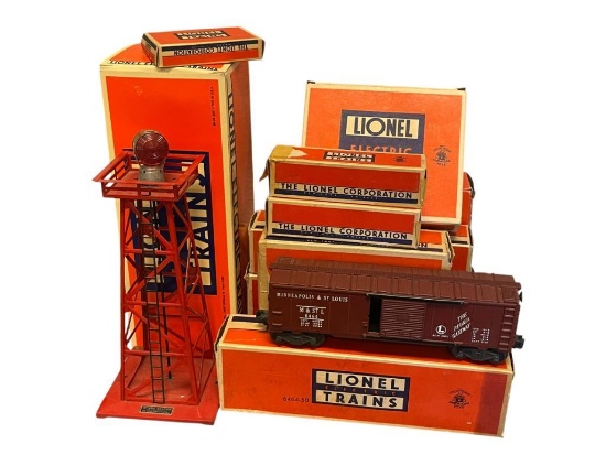 VINTAGE LIONEL 1950'S POSTWAR MODEL TRAIN CARS AND ACCESORIES EACH IN ORIGINAL BOX "O" GAUGE