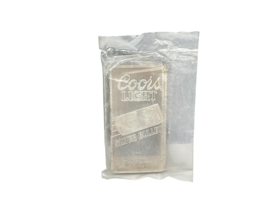 .999 FINE SILVER COORS LIGHT BEER SILVER BULLET 10 TROY OUNCE BAR BY SUNSHINE MINING COMPANY