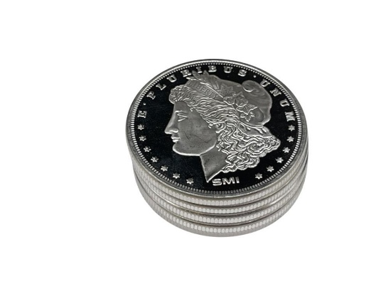 LOT OF FIVE SMI .999 FINE SILVER MORGAN SILVER DOLLAR THEMED SILVER ROUNDS