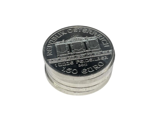 FIVE WIENER PHILHARMONIKER 1.50 EURO .999 FINE SILVER COINS