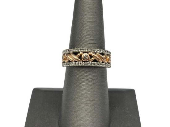 14K WHITE AND ROSE GOLD DIAMOND SCROLL BAND FEATURING TWO ROWS OF BRILLIANT CUT DIAMONDS