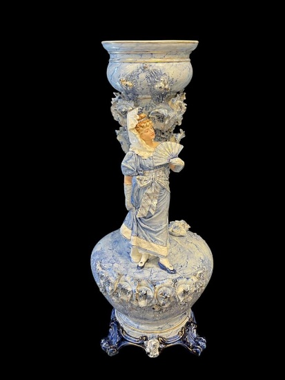 EARLY 1900'S FRENCH FIGURAL BLUE AND WHITE PORCELAIN FOOTED JARDINIERE WITH GILT ACCENTS