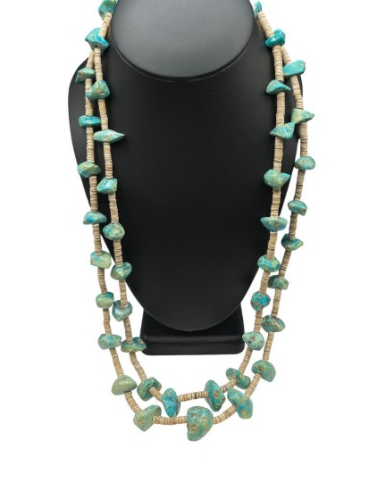 VINTAGE NATIVE AMERICAN TURQUOISE NUGGET AND HEISHI BEAD DOUBLE STRAND NECKLACE