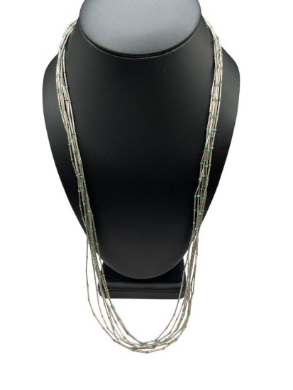 VINTAGE NATIVE AMERICAN MULTI-STRAND STERLING SILVER AND TURQUOISE LIQUID SILVER NECKLACE