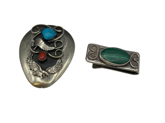 VINTAGE SILVERPLATED BOLO CLIP AND MONEY CLIP FEATURING STERLING OVERLAY AND MALACHITE ON MONEY C...