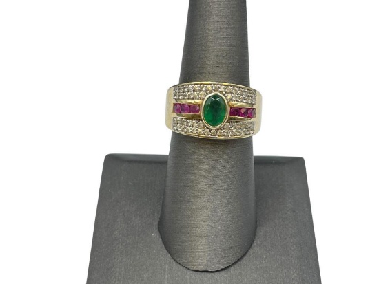 GOLD PLATED STERLING SILVER RING FEATURING GREE, RED, AND CLEAR STONES