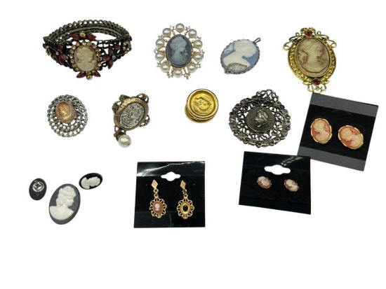 CAMEO JEWELRY FEATURING BROOCHES, EARRINGS, AND PENDANTS