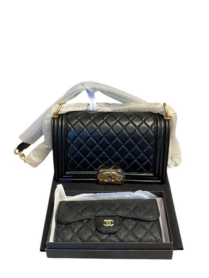 MARKED CHANEL BOY CROSSBODY BLCK DESIGNER BAG WITH BLACK CAVIAR LONG FLAP WALLET