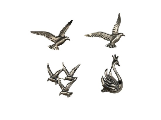 VINTAGE DESIGNER SIGNED BEAU STERLING SILVER SEAGULLS PINS AND SIGNED LANE STERLING SILVER SWAN PIN