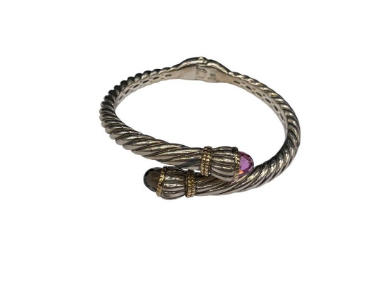 LORENZO DESIGNER SIGNED STERLING SILVER AND 18K YELLOW GOLD BRACELET WITH PINK AND SMOKEY STONES