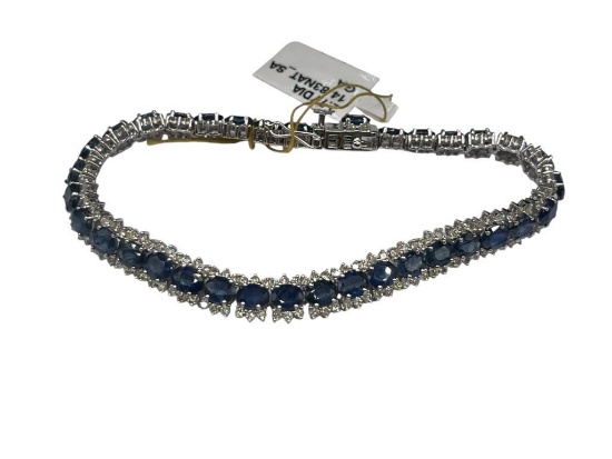 14K WHITE GOLD BLUE SAPPHIRE AND DIAMOND FASHION LINK BRACELET