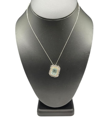 14K WHITE GOLD EMERALD CUT AQUAMARINE AND DIAMOND FASHION NECKLACE