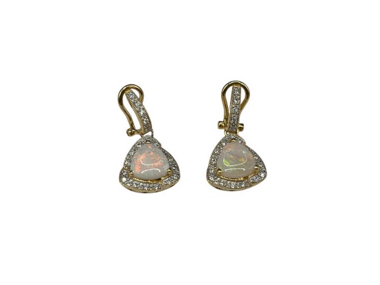 18K YELLOW GOLD TRILLION CUT OPAL AND DIAMOND FASHION EARRINGS WITH OMEGA CLIP-BACKS
