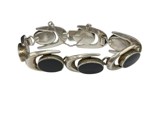 STERLING SILVER MODERNIST BLACK ONYX LINK BRACELET