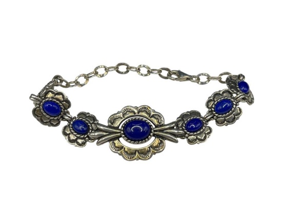 STERLING SILVER SOUTHWEST DESIGN OVAL SHAPE LAPIS LINK BRACELET