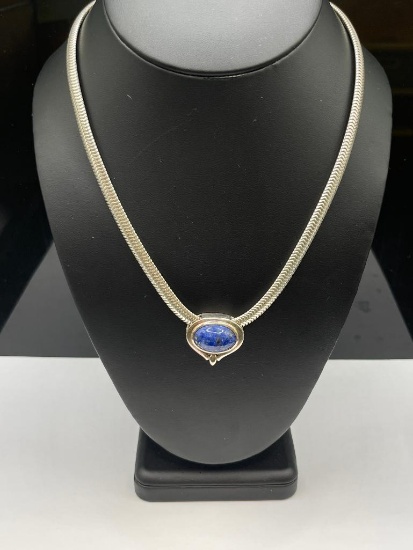 STERLING SILVER OVAL CUT LAPIS SLIDE PENDANT ON STERLING SNAKE CHAIN NECKLACE