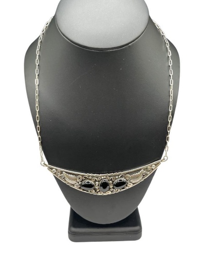 STERLING SILVER BLACK ONYX NECKLACE FEATURING ORNATELY TOOLED DESIGN