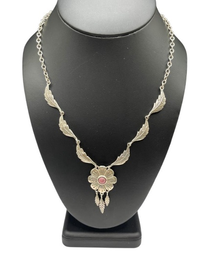 STERLING SILVER FLORAL DESIGN NECKLACE WITH FIGURAL FEATHER DANGLES
