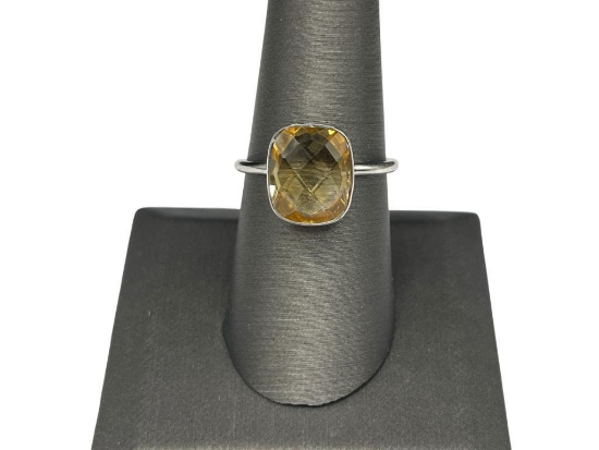 STERLING SILVER CHECKERBOARD CUT CITRINE RING