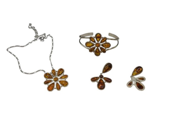 STERLING SILVER AMBER JEWELRY SET INCLUDING PENDANT NECKLACE, EARRINGS, AND CUFF BRACELET