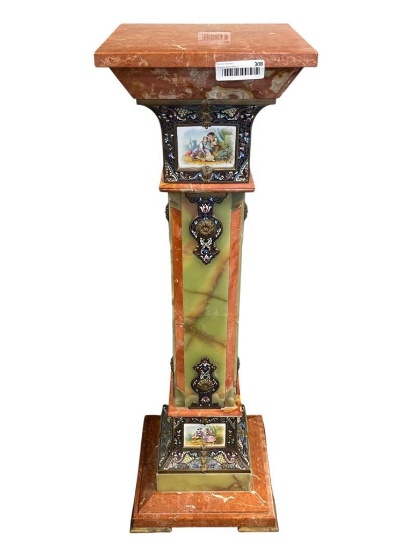 LATE 19TH, EARLY 20TH CENTURY ANTIQUE FRENCH CHAMPLEVE ENAMELED ONYX AND MARBLE PEDESTAL