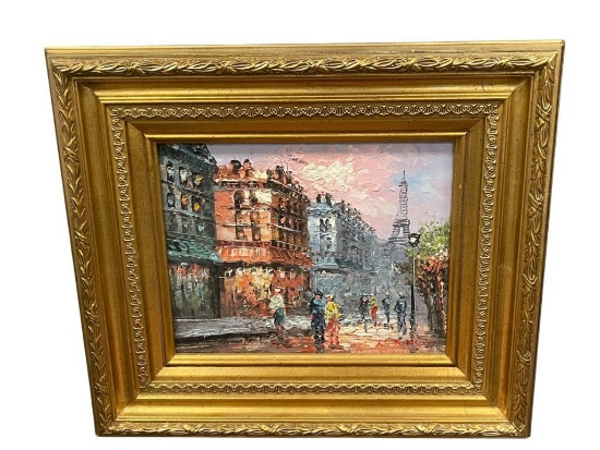 HEAVY ACRYLIC ON CANVAS PARIS STREET SCENE WITH EIFFEL TOWER IN BACKGROUND ARTIST SIGNED