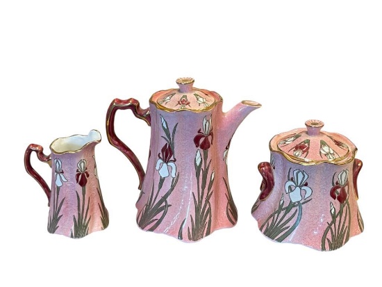 LUNEVILLE FRENCH POTTERY ART NOUVEAU IRIS PATTERN POTTERY TEA POT WITH CREAMER AND SUGAR BOWL