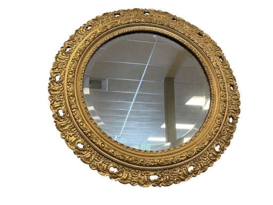 LATE 19TH CENTURY ANTIQUE ROUND GILT GESSO WOOD BEVELED MIRROD WITH FILGREE DESIGN FRAME