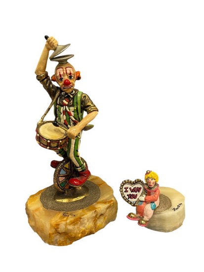 1990 AND 1992 RON LEE COLLECTIBLE CLOWN SCULPTURES, "I WUV YOU" AND CLOWN ON UNICYCLE