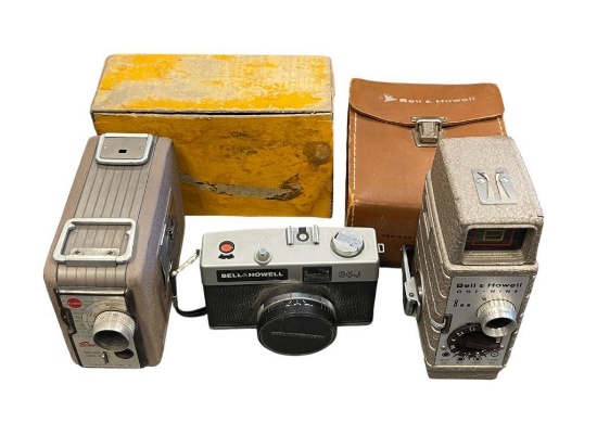 VINTAGE FILM ND MOVIE CAMERAS, BELL & HOWELL 35J AND ONE NINE 8MM CAMERA AND KODAK BROWNIE 8MM