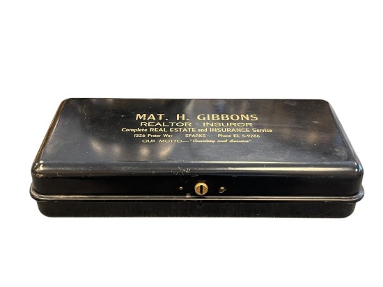 VINTAGE REALTOR / INSUROR METAL LOCK BOX WITH GOLD LETTERING ON TOP MAT. H GIBBONS SPARKS, NV