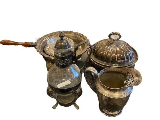 20TH CENTURY SILVER TABLEWARE WINE CARAFE, WATER PITCHER, CHAFFING DISH, SERVING BOWL, SNACK PLATE