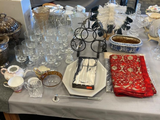 HOME GOODS GLASS STEMWARE SET, ONEIDA KNIVES, CANDLE SNUFFER, PLACE MAT SET, TABLE CLOTH, CHINA