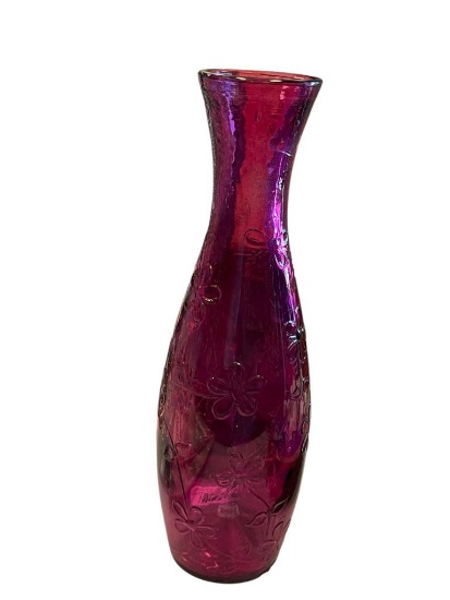 DECORATIVE HAND MADE SPANISH ART GLASS TALL VASE WITH DAISY DESIGN IN RELIEF