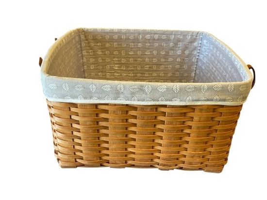 2001 LARGE HAND CRAFTED LONGABERGER BASKET WITH CLOTH AND PLASTIC LINER, DUAL LEATHER HANDLES