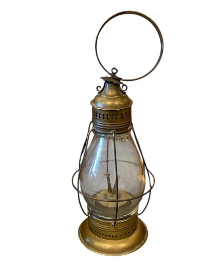 19TH CENTURY H & J SANGSTERS BRASS AND TIN WHALE OIL DUAL WICK BURNER DATED 1851 ON BOTTOM