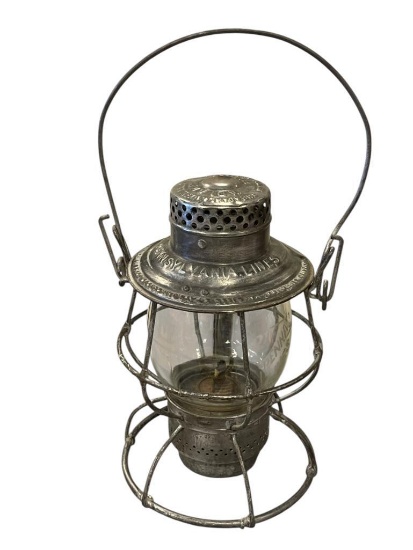 20TH CENTURY ADLAKE PENNSYLVANIA RAILROAD LANTERN WITH ETCHED CLEAR GLASS SHADE "PENNA LINES"