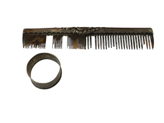 20TH CENTURY TURTOISE SHELL HAIR COMB WITH STERLING SILVER HANDLE PLUS STERLING SIVER NAPKIN RING