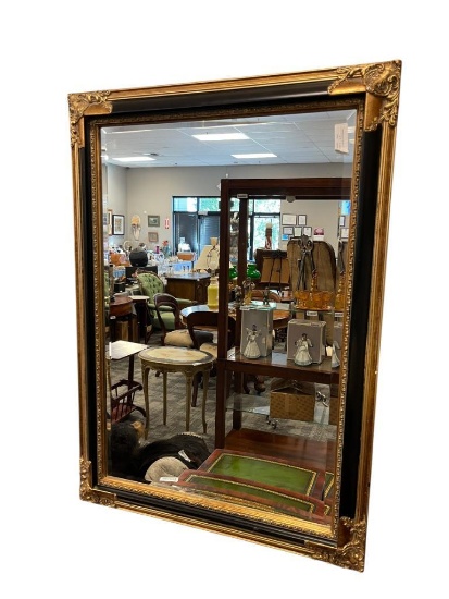 NEO CLASSICAL BLACK AND GOLD FRAMED BEVELED MIRROR WITH DECORATIVE MOULDING