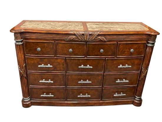ELEGANT DARK STAINED HAVANA COVE DESIGNER 13 DRAWER DRESSER FEATURING MARBLE STONE INLAY TOP