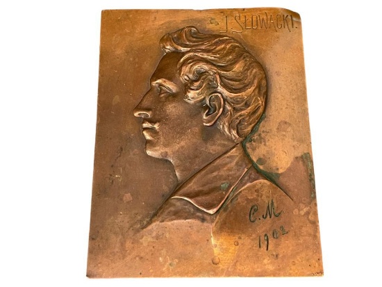 1902 BRONZE RELIEF PORTRAIT OF JULIUSZ SLOWACKI A POLISH ROMANTIC POET SIGNED "C.M." DATED 1902