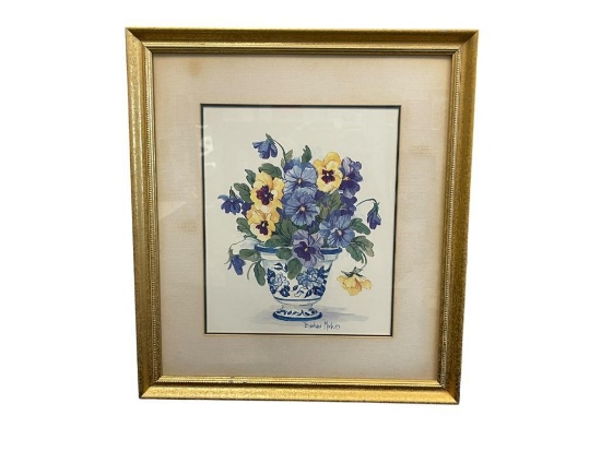 BARBARA MOCK STILL LIFE BOUQUET PRINT FEATURING BLUE AND YELLOW PANSIES