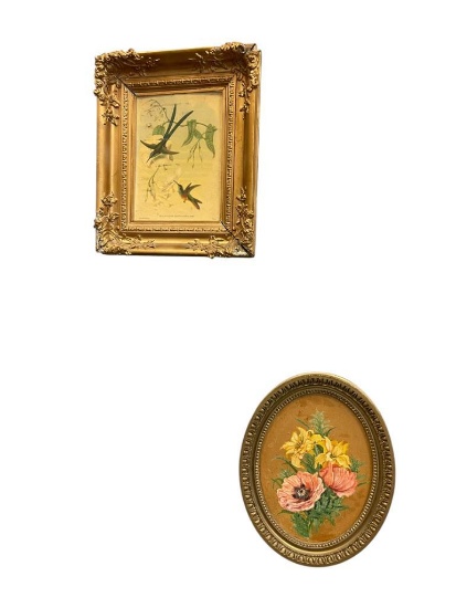 TWO GILT FRAMED ART PIECES FEATURING HUMMINGBIRDS AND FLOWERS INCLUDING AN ORIGINAL PAINTING